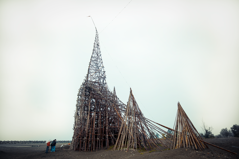 Artistic bamboo structure on Yuguang Island beach