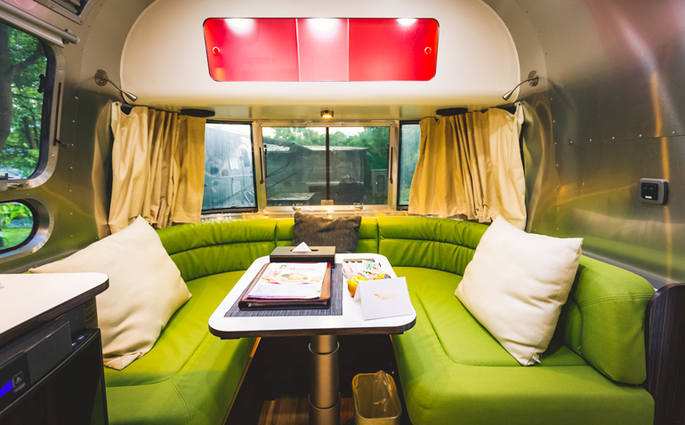 Inside the small and cozy caravan